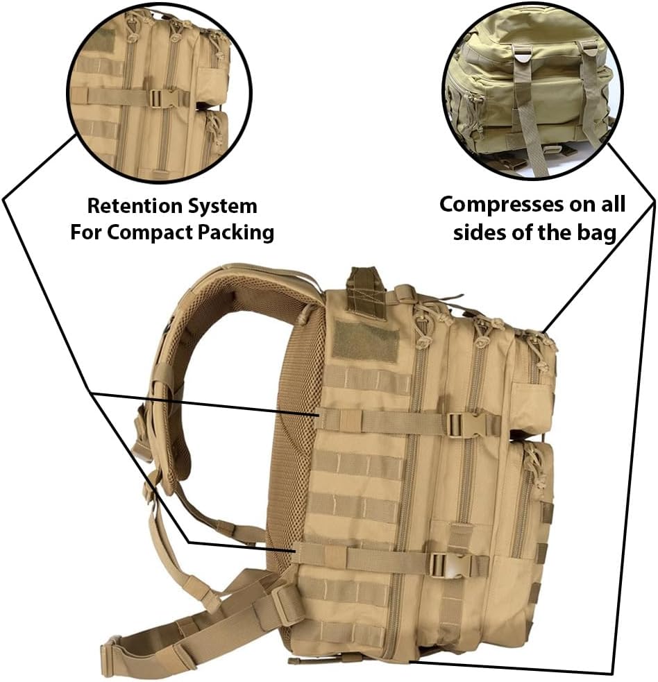 Exos Bravo Backpack - Large Military Hiking Backpack 34L - Waterproof Heavy-Duty Molle Hunting Bag for Men - Tactical Rucksack Daypack - Hydration Pack Compatible for Running, Cycling - (Coyote Tan)