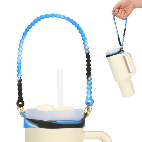 Wellmora Water Bottle Handle,Soft Durable Silicone Water Bottle Sling, Carrier, Holder with Strap for 8-40oz Bottles - Compatible with Stanley Cup Accessories-Blue Black
