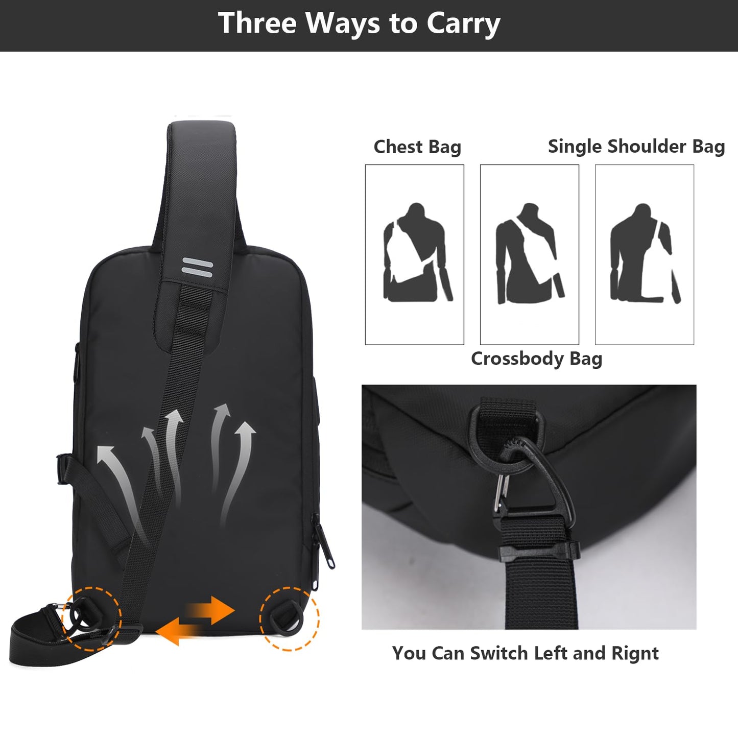 AOKING Lightweight Sling Bag for Men,Waterproof Crossbody Shoulder Backpack with USB Charging Port,Casual Cross Body Bag (Black 1)