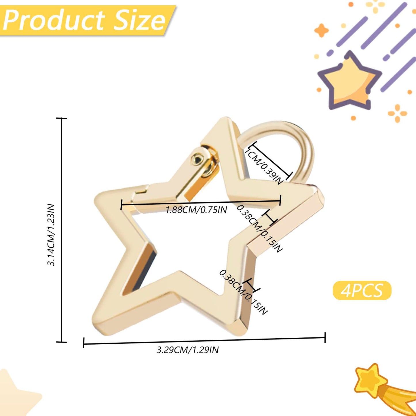 4 PCS Star Carabiner, Star Carabiner Clip, Zinc Alloy Keychain Clip with 2 Sizes, Spring Snap Keychain Clip for Camping, Hiking, Fishing, Outdoor Travel (M, Gold)