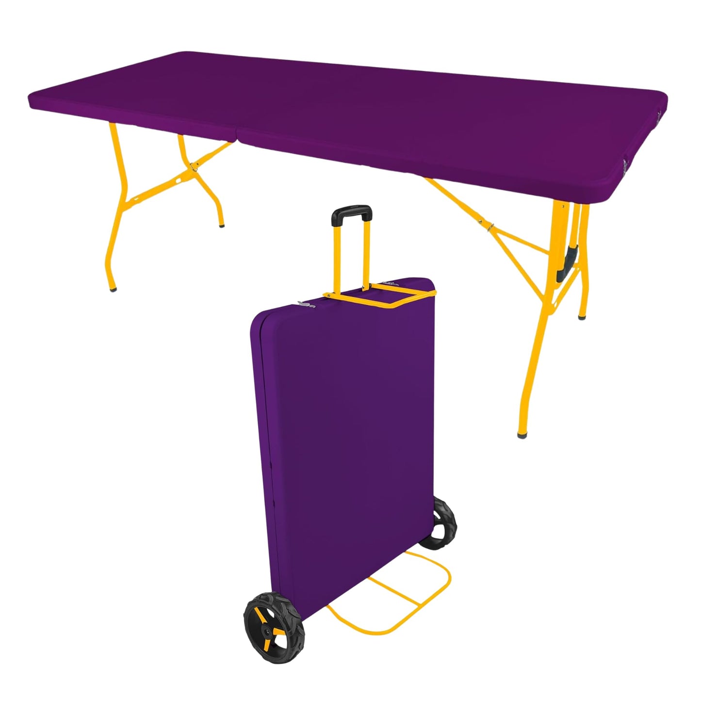 6Ft Rolling Folding Table with Built-in Wheels, Durable Plastic, Team Colors, Easy to Carry, Perfect for Camping, Picnic, Tailgating, Party, Indoor/Outdoor Use (Single Table, Purple/Yellow)