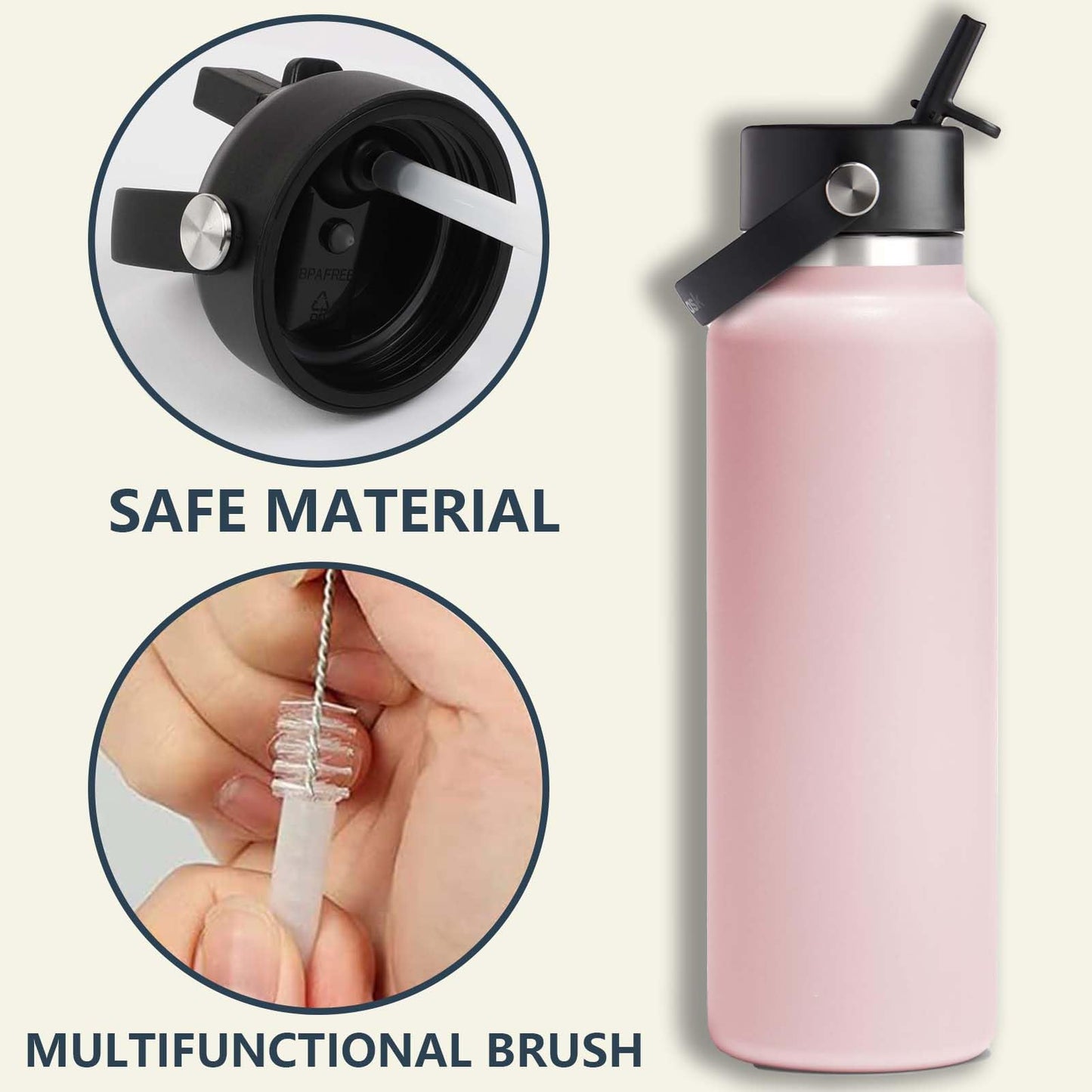 Incycall Straw Lid for Hydroflask Wide Mouth, Water Bottle Straws and Lid Replacement for Hydro Flask 12/16/18/20/32/40oz Wide Mouth, Top Lid with Straw and Brush and Flexible Handle