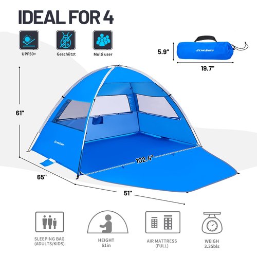 EchoSmile UPF 50+ Beach Tent Sun Shelter for 3/4 Person, Portable Beach Cabana Tent