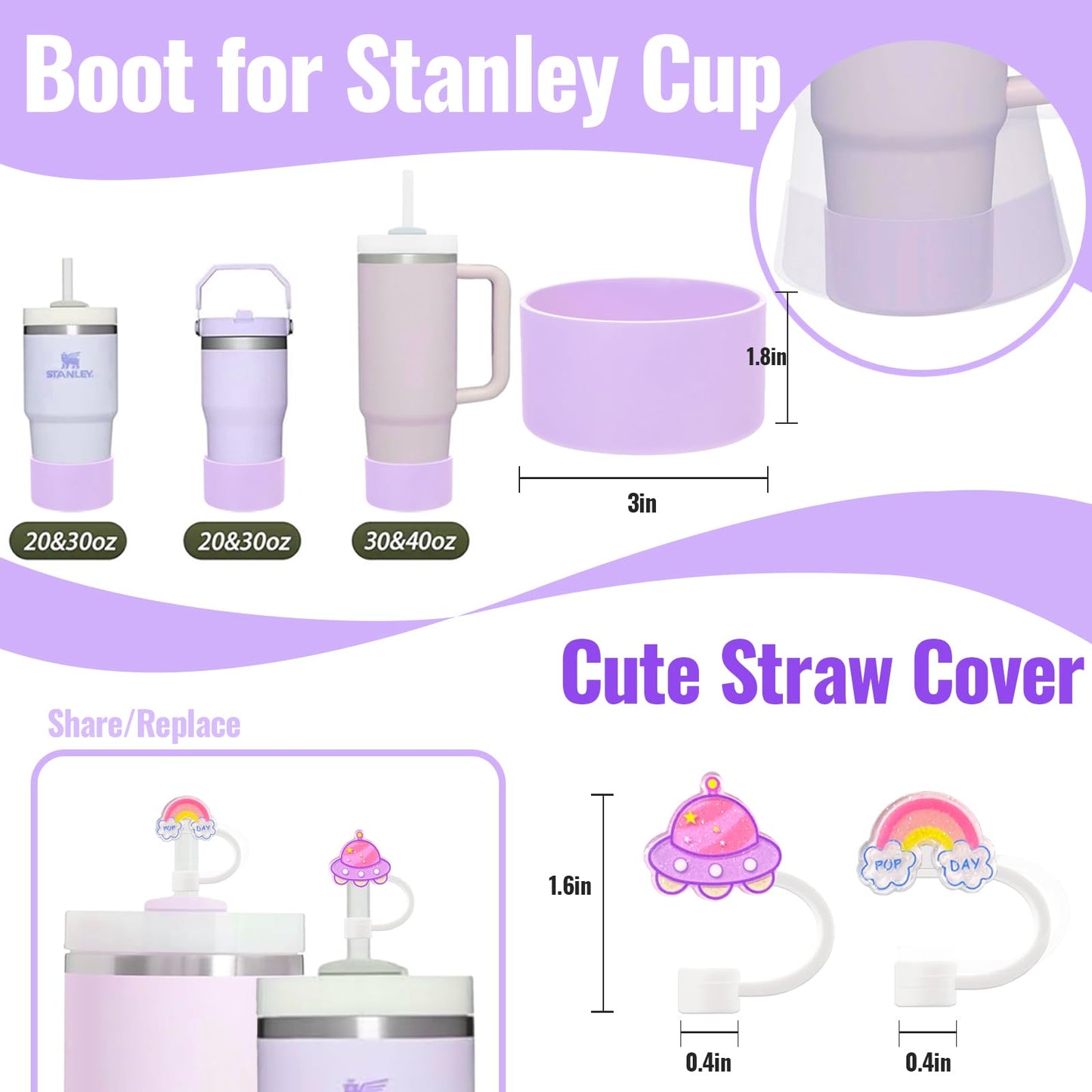 Fabenyok 8PCS Cup Accessories Set for Stanley 30oz & 40oz Tumbler, Including Water Bottle Handle Strap, Boot, Spill Stopper Set, Straw Straw Cover Cap for Stanley Cup Accessories(Purple)