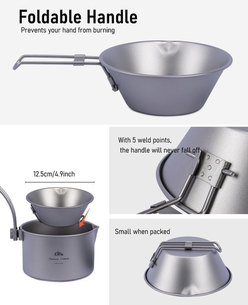 iClimb Titanium Bowl with Foldable Handle Ultralight Compact Portable Flatware Tableware with Bag for Outdoor Camping Backpacking Hiking Travel Picnic