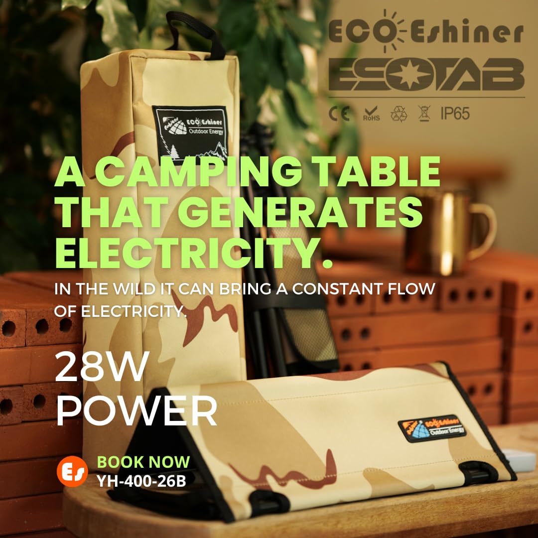 ESOTAB ECOeshiner Solar Folding Table 28W, Camping Table - Solar Charging, Mesh Bag, Two USB Ports, Heat + Water + Splash Resistant, Solar Powered, Beach Table, Picnic Table, Outdoor Table