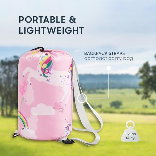 Wake In Cloud - Kids Sleeping Bag for Girls Toddlers, Camping in Warm Cold Weather, Backpacking Lightweight Compact Outdoor Liner for 3 Seasons Summer Spring Fall, Unicorn Rainbow Pink