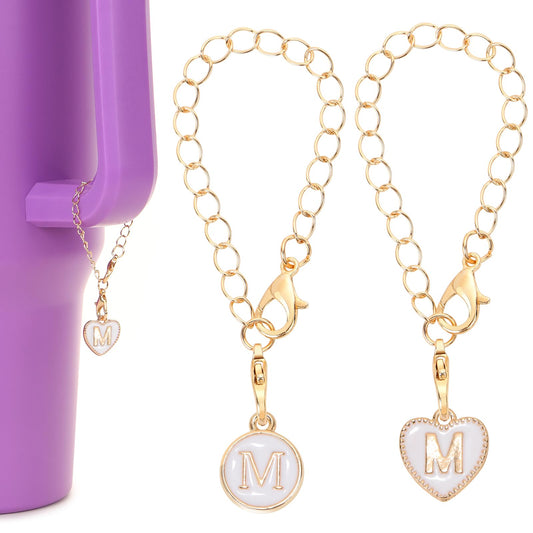 HOMICO 2PCS Round Heart Shaped Letter Chain Accessories for Stanley Cup Personalized Name ID Letter Chain Accessories for Stanley Tumbler, M