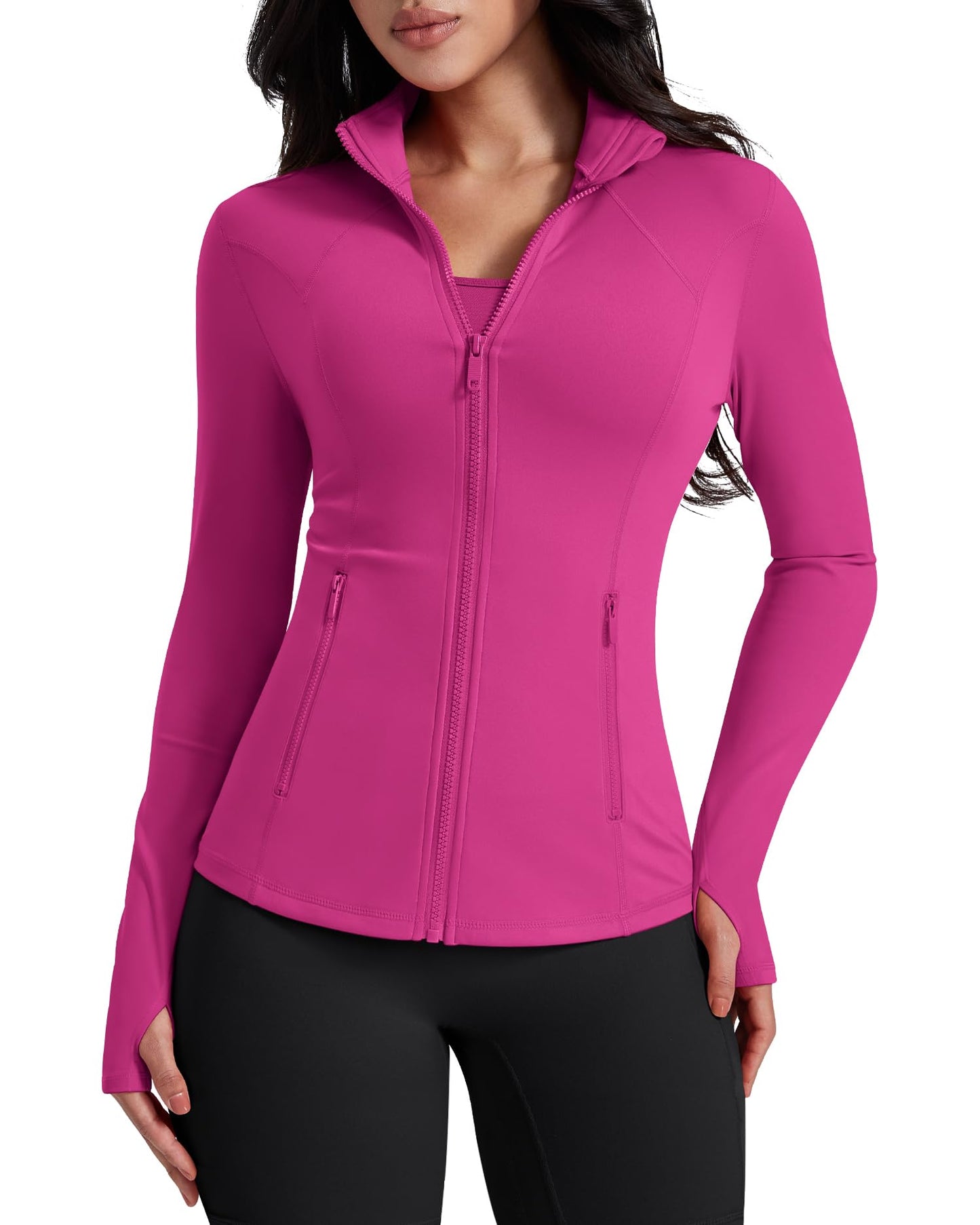 AVGO Womens Workout Jackets Lightweight Athletic Zip Up Jacket Slim Fit Running Gym Top with Pockets & Thumb Holes(Hot Pink, XXL)