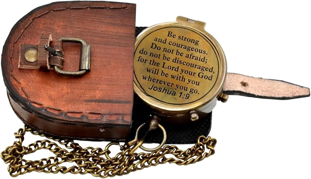 2" Be Strong and Courageous Brass Engraved Compass, Pocket Compass Joshua 1:9,Solid Brass Directional Brass Sundial Compass with Leather Case Baptism Gifts, Gifts for Men Compass,Graduation Day Gifts