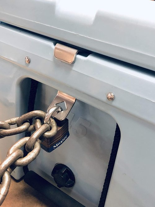 Universal Cooler Lock Brackets: Designed to fit Tie Down Slot of Mid to Large Rotomolded Ice Chests, Compatible with Yeti/RTIC Coolers and Made of Stainless Steel in The U.S.A. (Pair)
