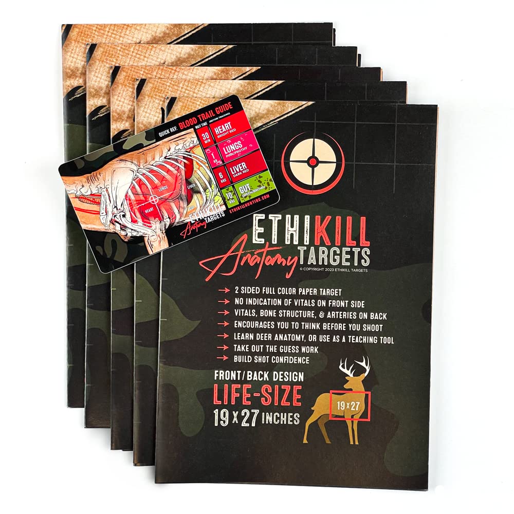 Life Size Deer Vitals 2 Sided Paper Range Target for Archery & Rifle Hunters by EthiKill - Realistic Anatomy Illustration - 19x27 inches (5 Pack)