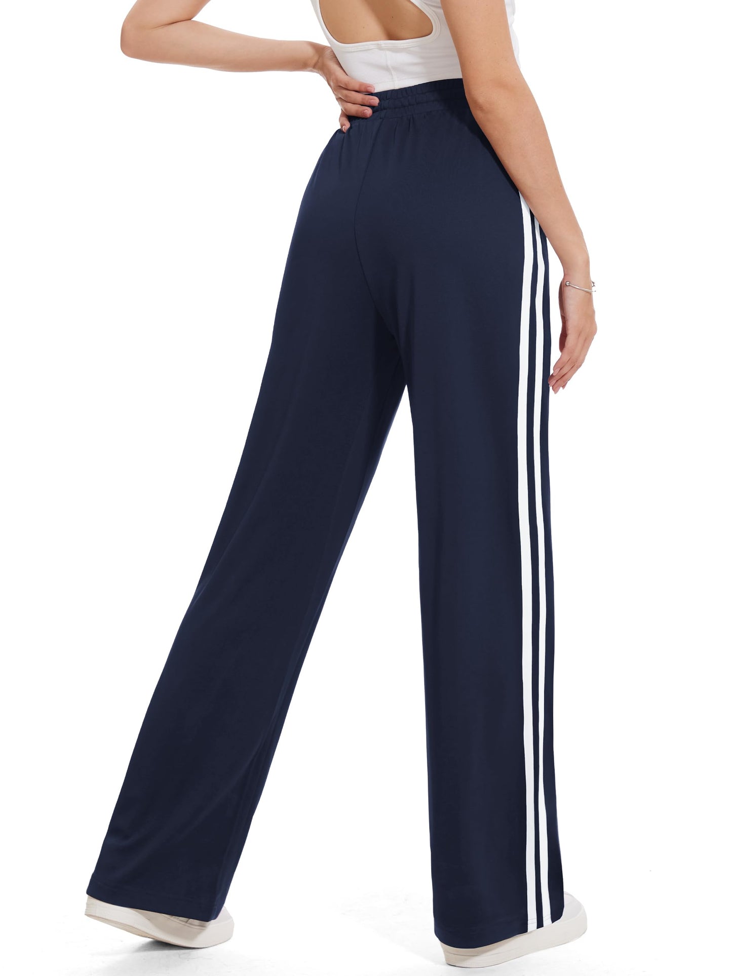 Tapata Extra Tall Woman 36" Inseam Stripes Sweat Pant High Waisted Drawstring Gym Exercise Lounge Joggers, Navy Blue, M