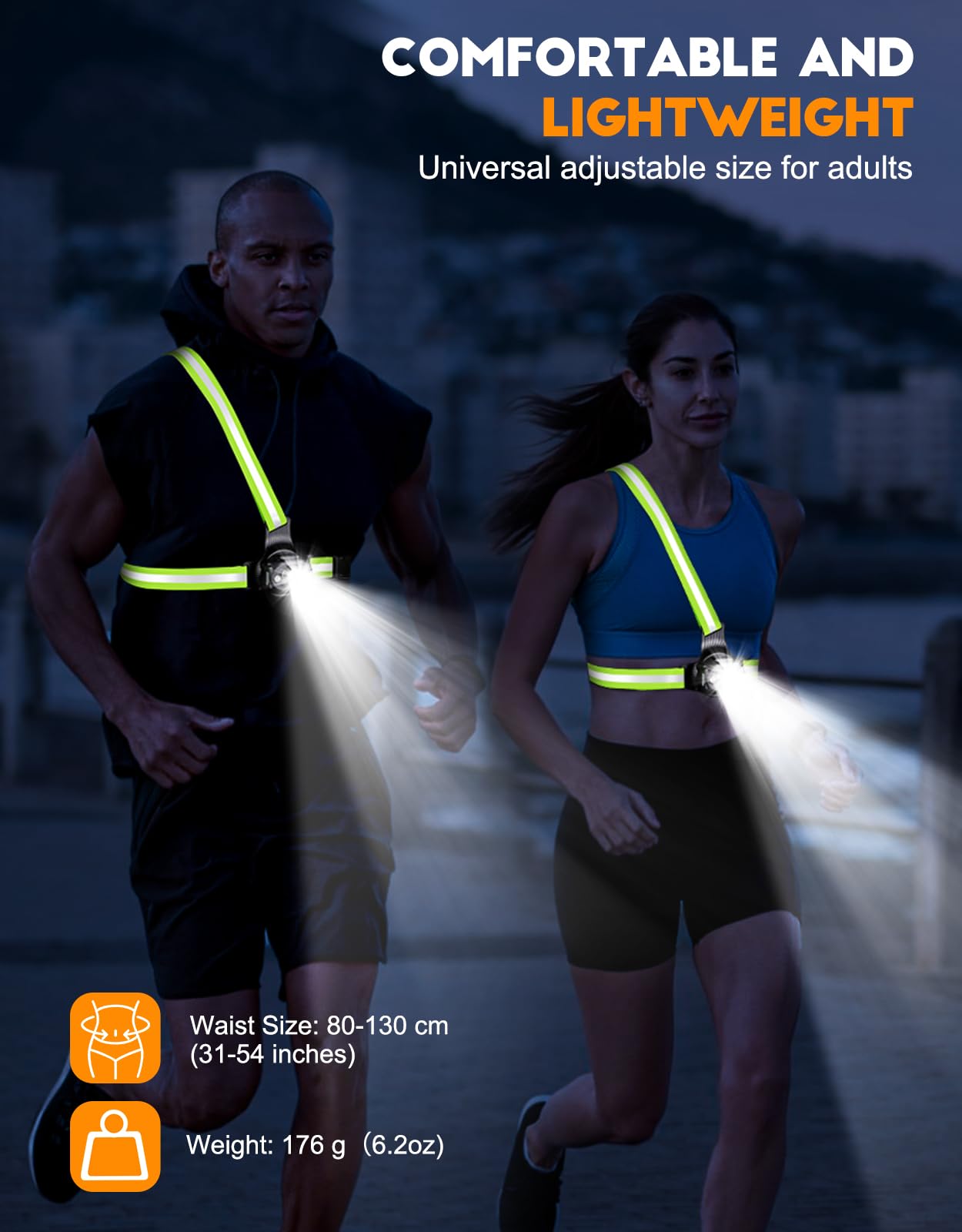 ISEYOU Running Lights for Runners, 500 Lumens Run Light with 360° Reflective Straps, IPX4 Waterproof & USB Rechargeable, 45° Adjustable Chest Running Light Vest for Night Walking, 4-16h Use Time