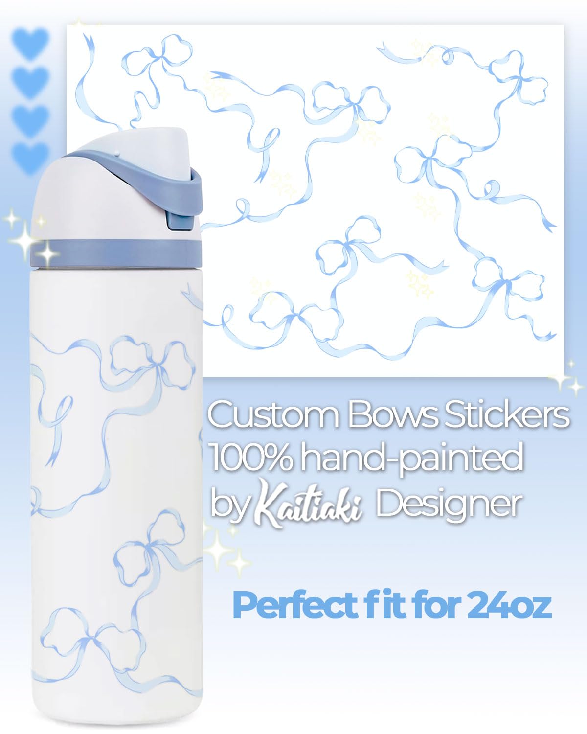 Kaitiaki Bows Stickers for Custom Owala Accessories - Cute Tumbler Decals, Fits 24oz Urban Outfitters Owala Bottles (Ocean Breeze Bow, Blue)