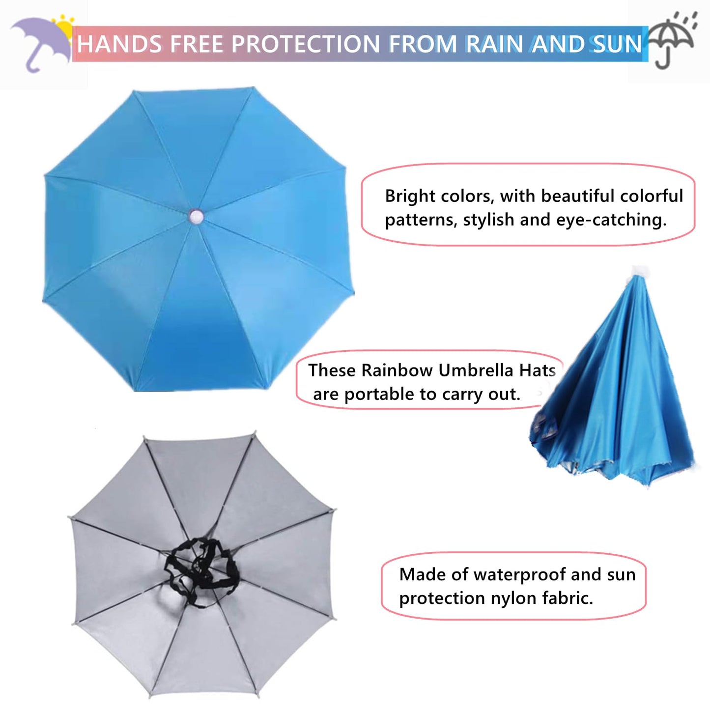 4 Pack Umbrella Hat, Sports Head Umbrella Hats for Adult Kids Women, 21" Diameter Folding Waterproof Rainbow Fishing Headwear for Outdoor Party Beach Hiking