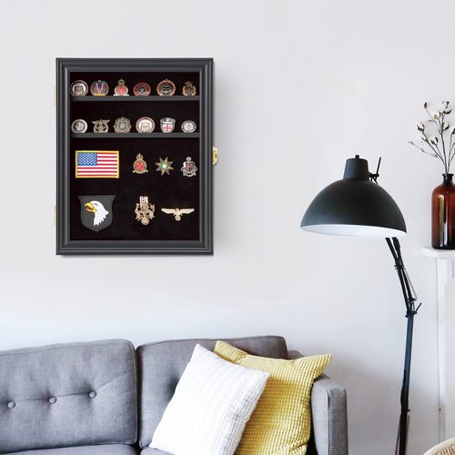 Verani Medals Display Case 2 Pack - Military Challenge Coin Display Shadow Box - Pin Display Cabinet with Removable Shelves and Pinnable Background for Badges Ribbons Insignia Buttons Small Black