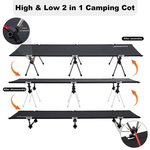 PACOONE 2-in-1 Ultralight Folding Camping Cot with Leg Extenders, Military Camping Cots Bed, Heavy Duty Folding Sleeping Camping Cot for Backpacking Hiking Travel Tent, Support 330 Lbs(Black)