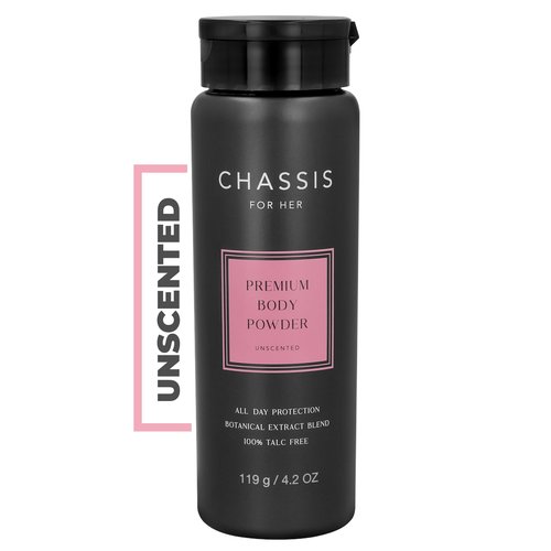 Chassis Her Talc-Free Body Powder with Hydro-Shield Technology, Unscented Feminine Corn Starch Powder for Women, Sweat and Odor Control