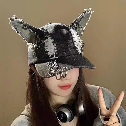Cat Ear Baseball Cap Iron Ring Trucker Hat Women Caps Distressed Denim Baseball Cap Grunge Aesthetic Hat