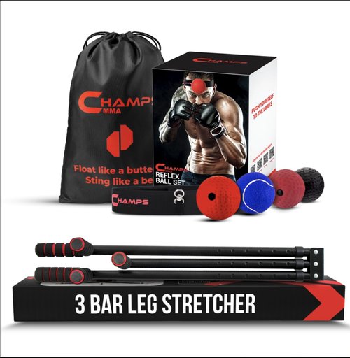 Champs MMA Reflex Ball Set of 4 + Leg Stretcher Bundle - Improve Flexibility, Range of Motion, Reflexes and Hand Eye Coordination