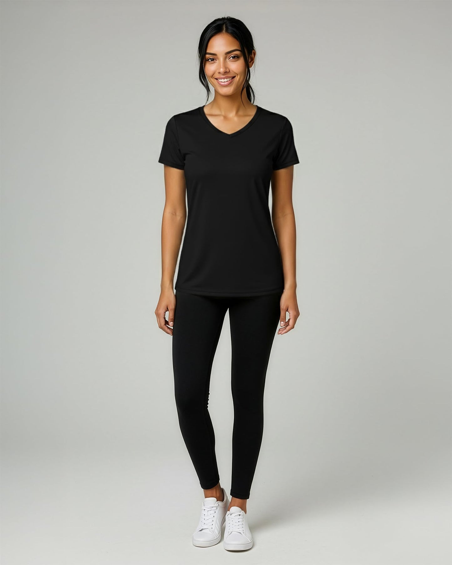 Real Essentials 5 Pack: Women's Dry-Fit Short Sleeve V Neck T Shirt Workout Fitness Yoga Top Tee, Set 5, XS