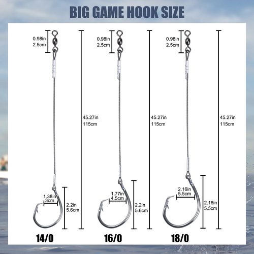 CWSDXM 2 Pack Pre-Tied Shark Fishing Hook Rigs Heavy Duty Stainless Leader Wire and Big Game Circle Hooks 14/0 16/0 18/0 Ideal for Deep Sea Fishing Shark Tuna Halibut (18/0-2 PCS)