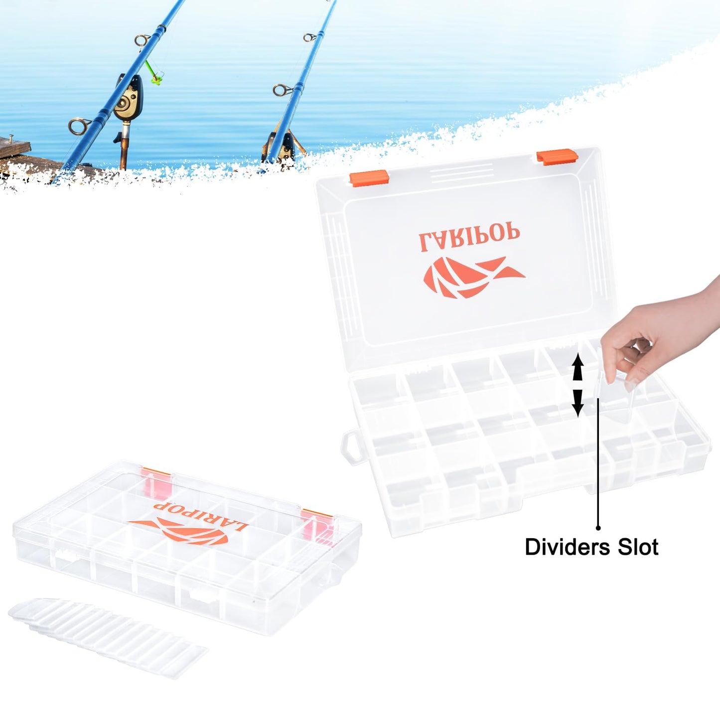 LARIPOP Fishing Tackle Box Set with Adjustable Dividers, Transparent Organizer Tray, Plastic Tool Box, Bait Separator -Angler's equipment lure box - 4 Packs Tackle Trays - Parts Box