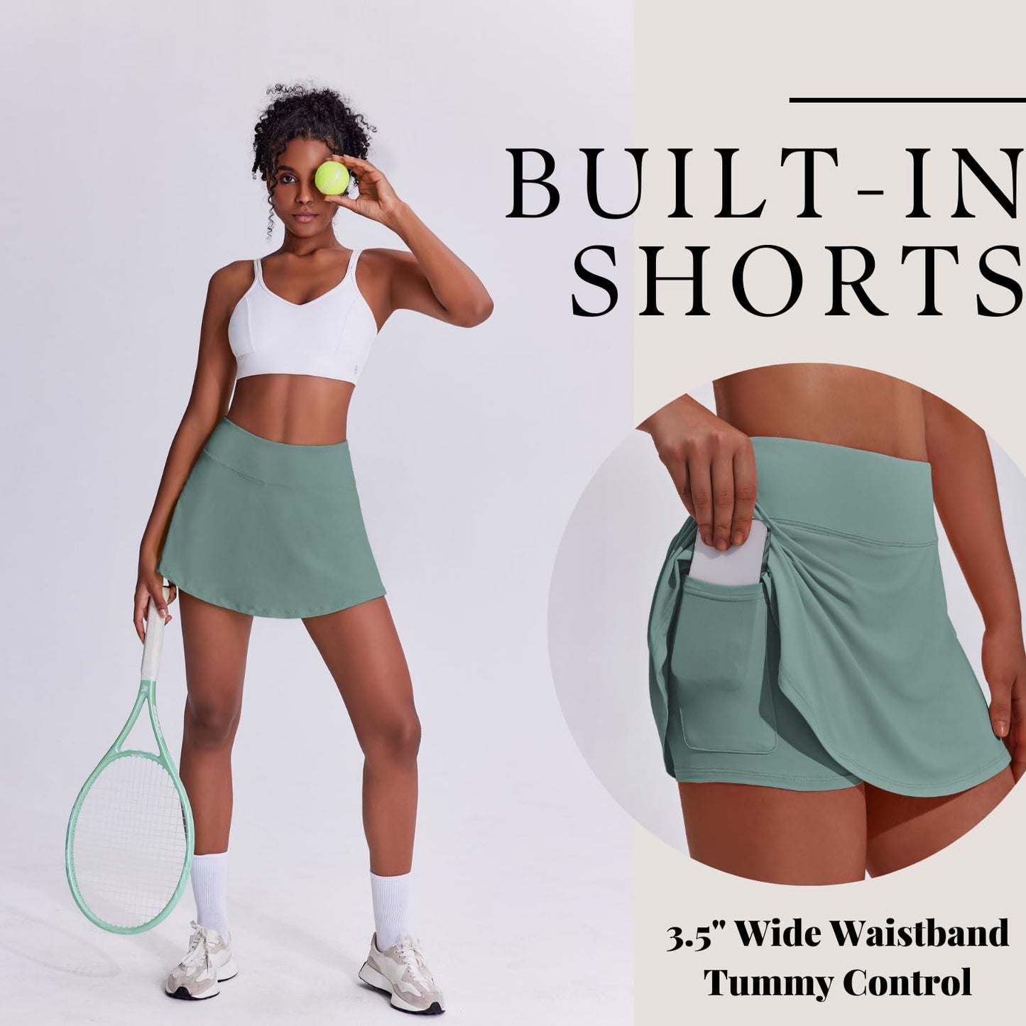 PINSPARK Tennis Skorts Women Athletic Skirt Pleated Mini Skort Inner Shorts Golf Workout Pickelball Cheer,Sage Grey X-Small