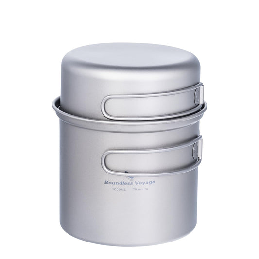 iBasingo Ultralight Backpacking Cookset Titanium Pot Pan Set 1000ml & 500ml Camping Cookware with Folding Handle Compact Portable Durable Cooking Mess Kit for Outdoor Travel Picnic Hiking Ti2038C