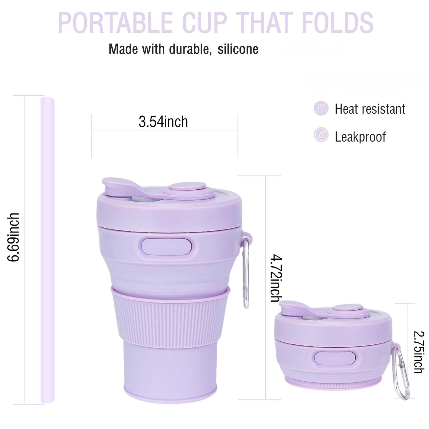 JSHYGOUP Silicone Collapsible Travel Mug Purple 15oz / 450ml - Leak-Proof Reusable Silicone Water Bottle for Hot and Cold Beverages - Travel Office and Home - Dishwasher Safe - Straw Included