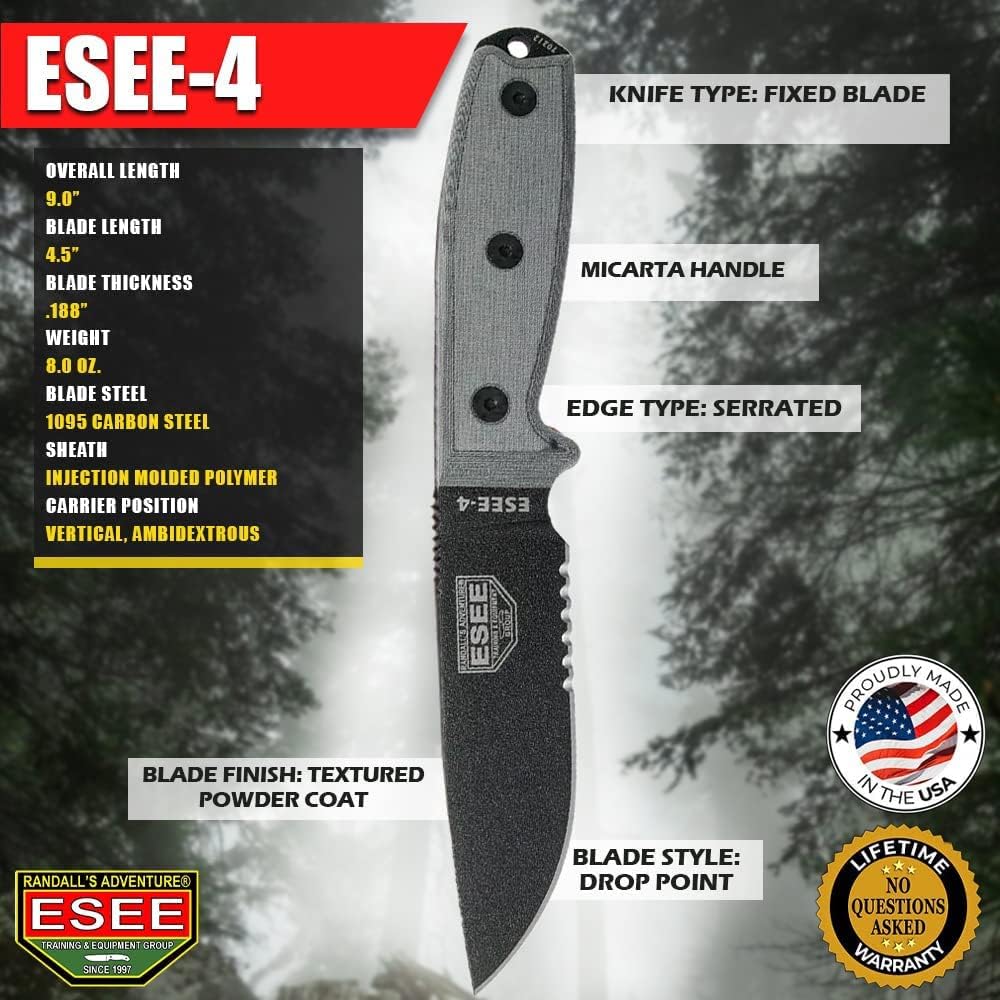 ESEE 4P Survival Knife - Field Tested Fixed Blade Knife with Molded Polymer Sheath & Clip Plate, Full Tang, Plain Edge - Durable Outdoor Camping Blade with Sheath for Survival