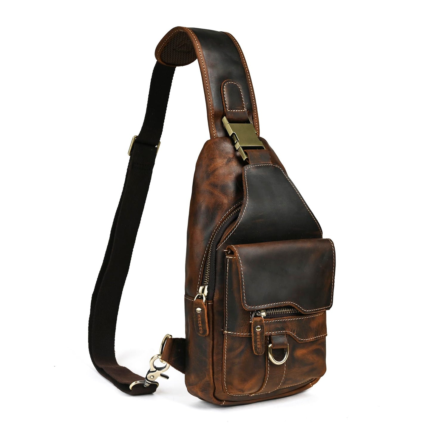 Handadsume Water Resistant Canvas + Leather Hiking Travel DayPack Sling Crossbody Triangle Chest Pack Bag For Men Women FB8013 (100% Genuine Leather-8015 Brown)