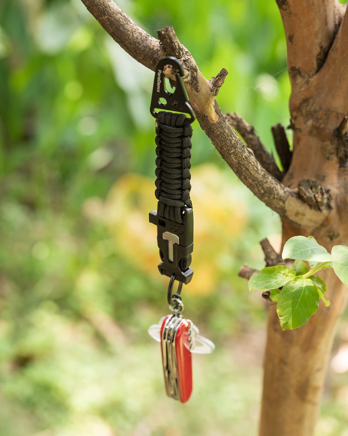 ParaDance Survival Keychain (5-in-1) with Flint/Striker/Paracord/Whistle/Key Ring, Military Braided Paracord Key Chain w/Carabiner Fire Starter, Ideal for Hiking/Camping (2*Black)