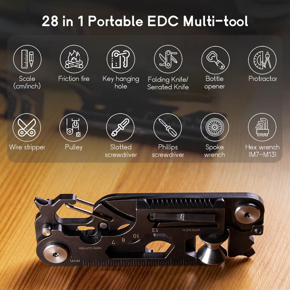 GOGOLIN 28 in 1 EDC Multi-function Tool, Keychain portable Metal Pocket Tool for men, Wrench for Screw, Ruler, Pulley, Spoke Tool,bottle opener, thread cutter, Self-locking Pocket Knife Multitool