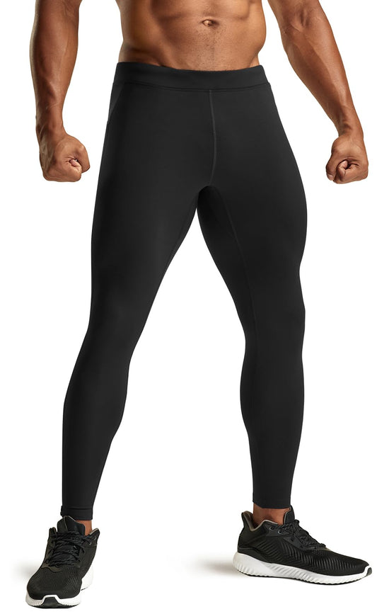 TSLA Men's Thermal Running Tights, Fleece Lined Compression Cycling Pants, Winter Cold Weather Leggings with Zipper Pocket, Running Tights Black, X-Small