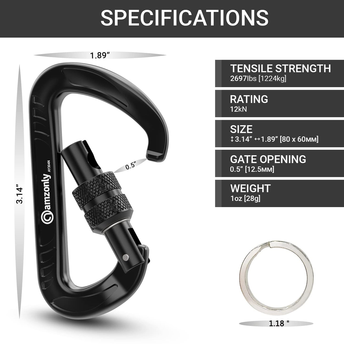 Amzonly 12kN Heavy Duty Carabiner Clip, Screw Locking Carabiner Clips for Securing Pets, Camping, Hiking, Hammock, Dog Leash Harness, Keychains Black, 4Pack