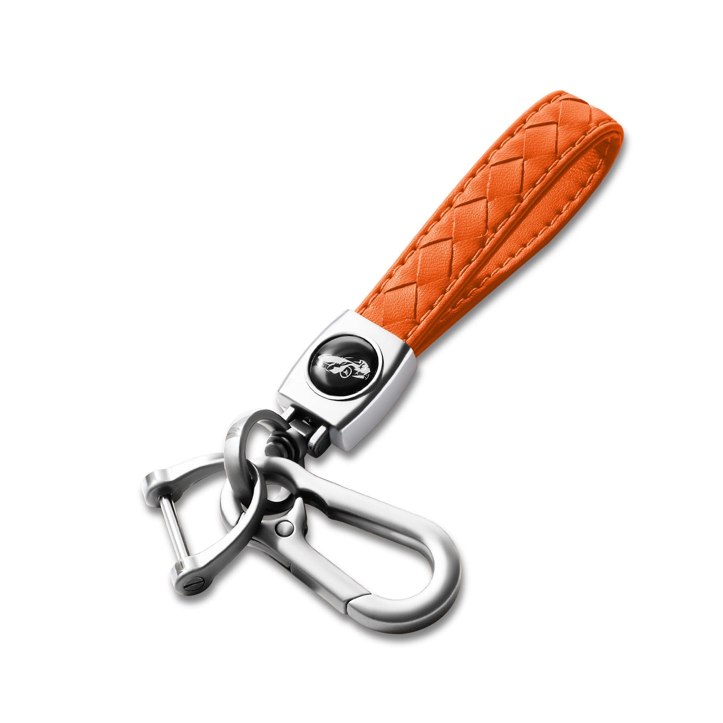 Gkeygo Carabiner Keychain, Universal Heavy Duty Woven Handmade Leather Key Chain, Car Fob Key Keychains with 360 Degree Rotatable Snap Swivel and Anti-Lost D-Ring for Men and Women, Silver - Orange
