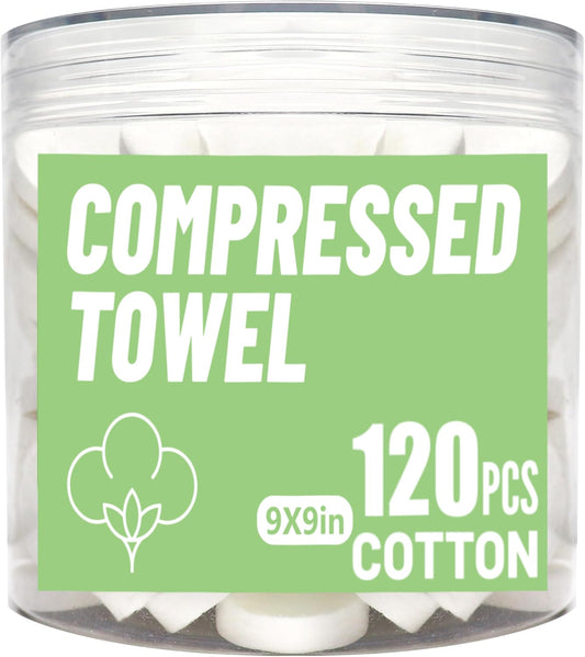 120 Pcs Compressed Towels, 9x9in Fast Expanding Disposable Face & Body Towellets, Portable Camping Towels for Travel, Gym, Outdoor Activities