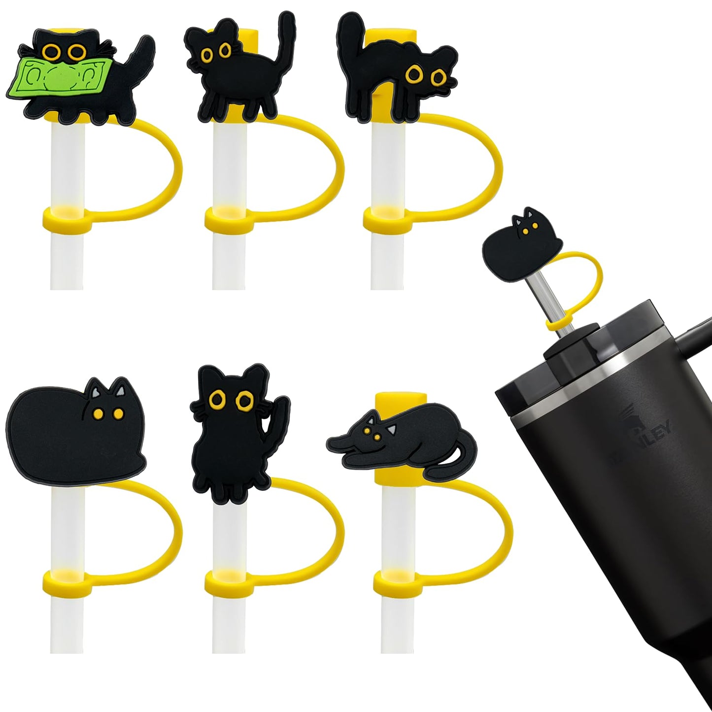 Amreich Cat Straw Cover Cap for Halloween Stanley Cup - 6PCs Cute Black Cat Straw Toppers for 30 40 Oz Tumbler with Handle Silicone Straw Tips Accessories for 10mm Straws