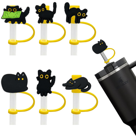 Amreich Cat Straw Cover Cap for Halloween Stanley Cup - 6PCs Cute Black Cat Straw Toppers for 30 40 Oz Tumbler with Handle Silicone Straw Tips Accessories for 10mm Straws