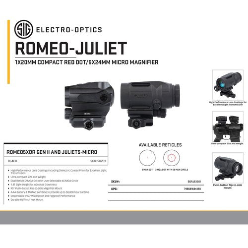 Sig Sauer ROMEO5XDR 1x20 mm 2 MOA Red Dot Sight & Juliet5-Micro 5X Magnifier Combo - Compact Rugged Durable Waterproof Gun Optics