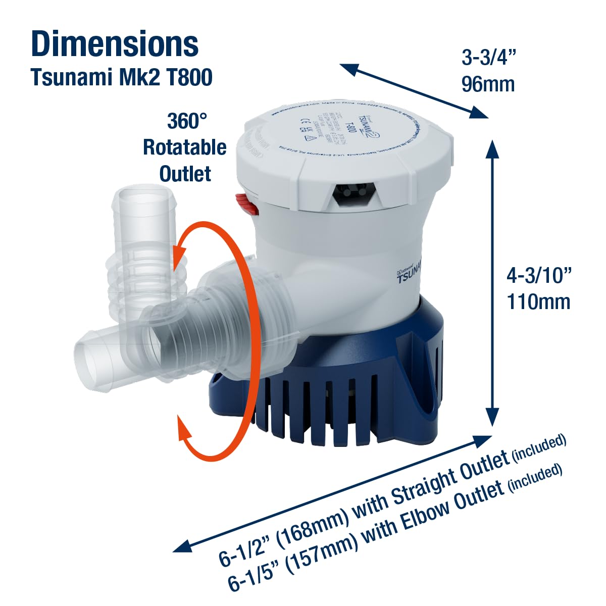 Attwood Tsunami Mk2 T800, 12V, Manual Bilge Pump, 800 GPH, with Fittings (Elbow & Straight), Direct Replacement for Attwood 4608-7