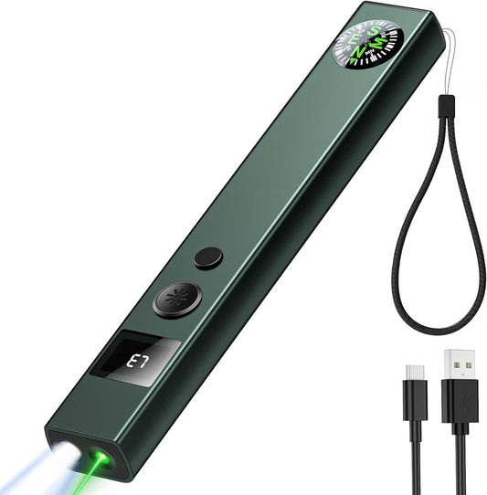 Laser Pointer with Green Light and Flashlight, Long Distance Laser Pointer for Presentations with Compass and Display Screen, USB Type C Rechargeable Work Light for Outdoors, Emergency, Work