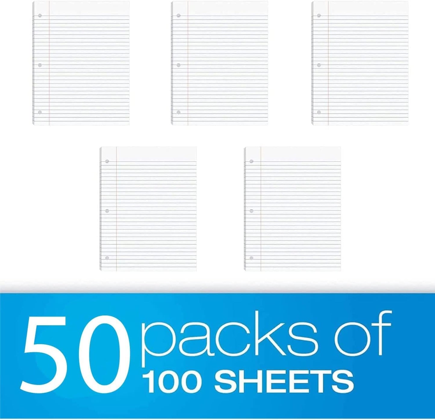 50 Pack Bulk Binder Paper Wide Ruled, 3 Hole Punched Loose Leaf Binder Paper Bulk - 100 Sheets (200 Double-Sided Pages)