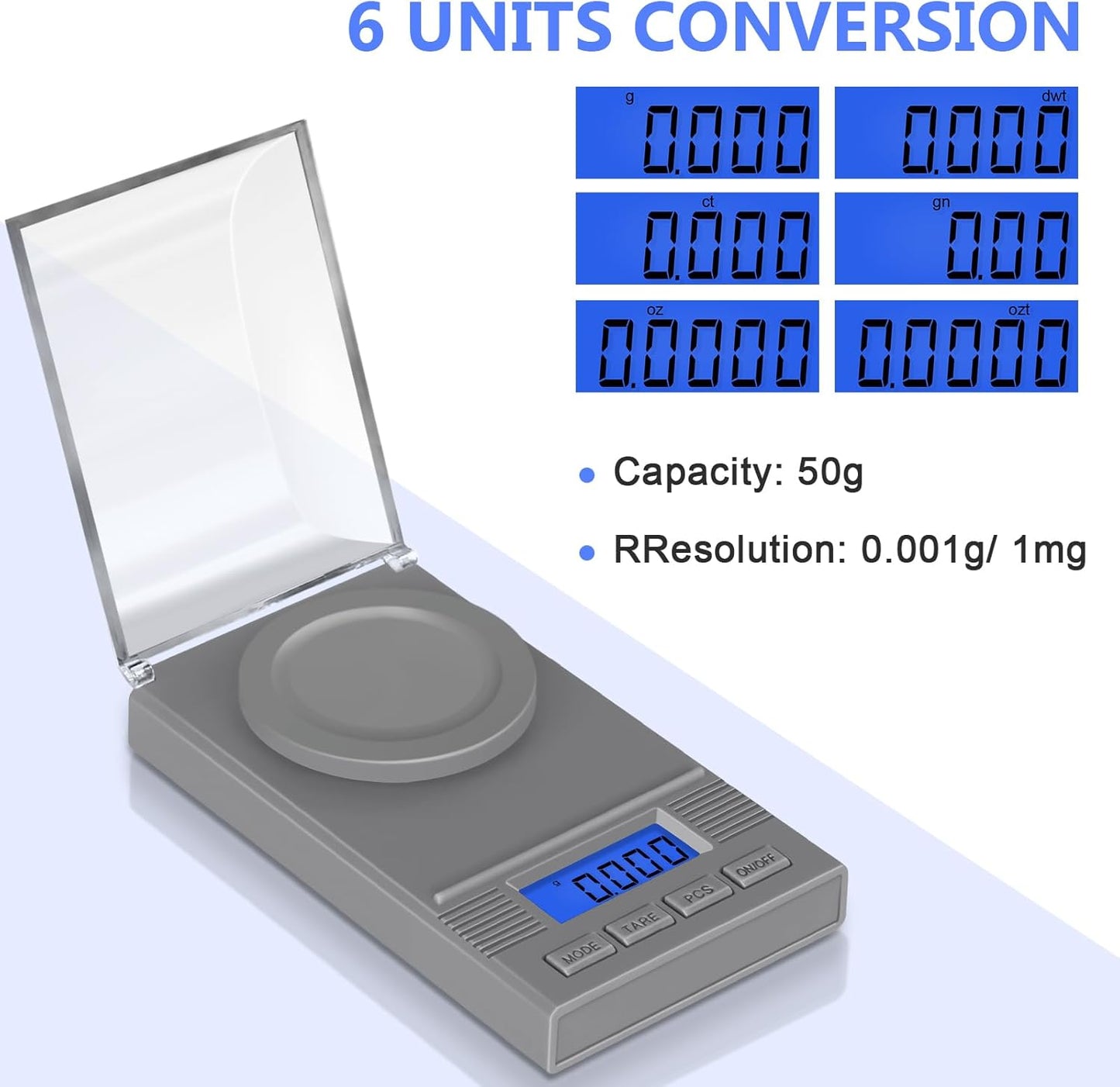 Fuzion Milligram Scale 50g/ 0.001g, Portable mg Scale with LCD Backlit, Tare, Digital Jewelry Scale, Microgram Scale for Powder, Gold, Gem, Reloading, Batteries Included