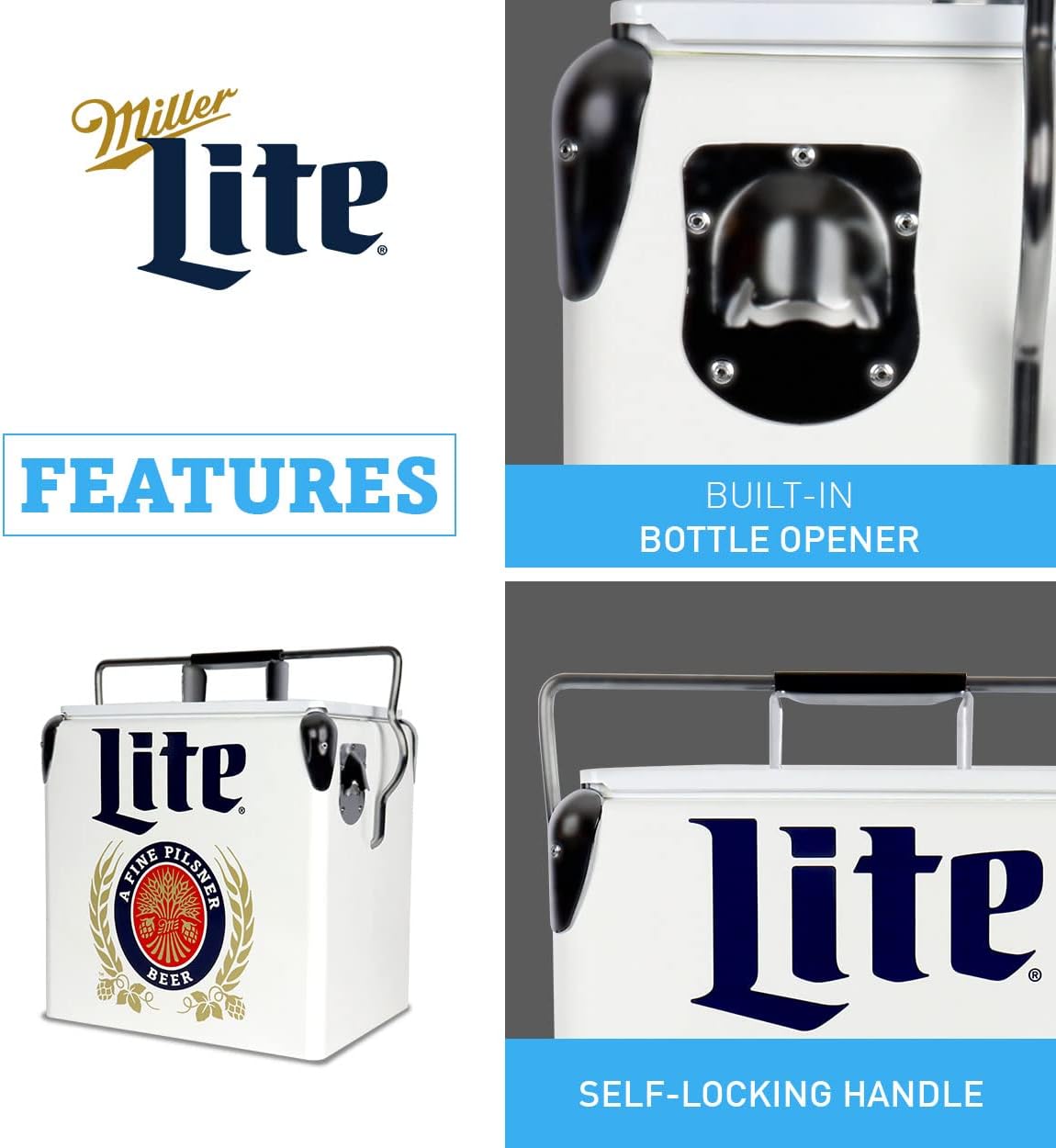 Miller Light Retro Ice Chest Cooler - Portable Ice Bucket with Bottle Opener, Vintage Style, Insulated for Camping, Beach, Picnic, RV, BBQs, Tailgating, Fishing, 18 Can Ice Box, 13L (14 qt)