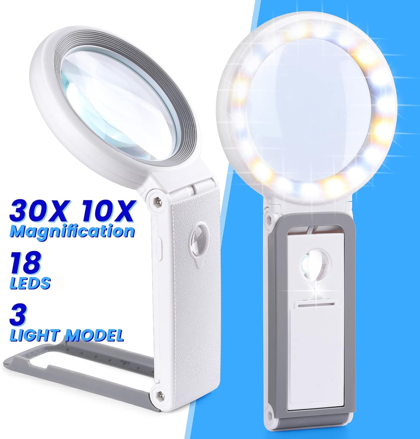30X 10X Magnifying Glass with Light and Stand, Foldable Handheld Magnifying Glass 18 LED Illuminated Lighted Magnifier for Macular Degeneration, Seniors Reading, Close Work, Coins, Jewelry
