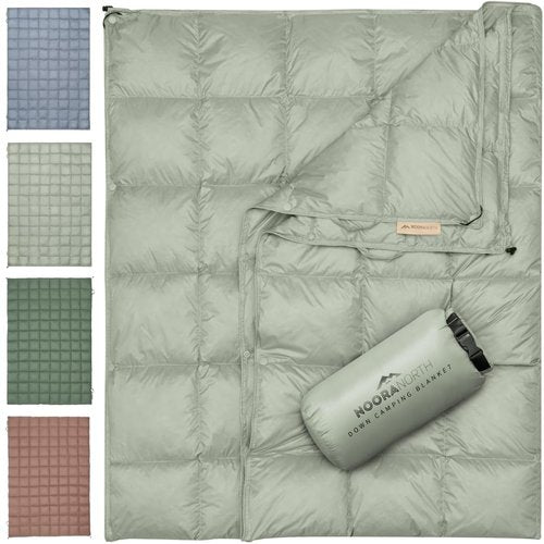 Noora North Down Camping Blanket with Footbox – Lightweight, Packable, Water Resistant Backpacking Quilt & Warm Puffy Compact Outdoor Throw – 52x77 with Stuff Sack for Stadium, Hiking & Travel