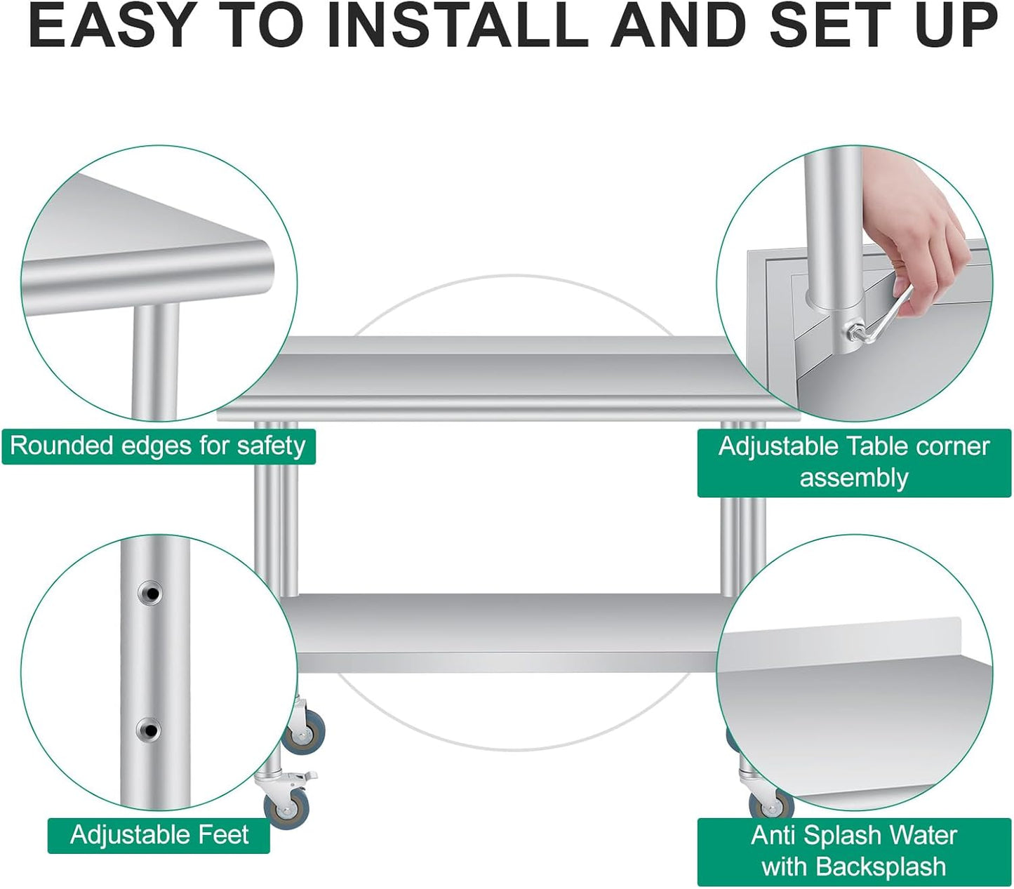 Stainless Steel Prep Table, 48 x 24 Inches, with Backsplash, Adjustable Undershelf and 4 Caster Wheels, Commercial Heavy Duty Table with Adjustable Under Shelf for Outdoor Use,Restaurants,Hotels,Works